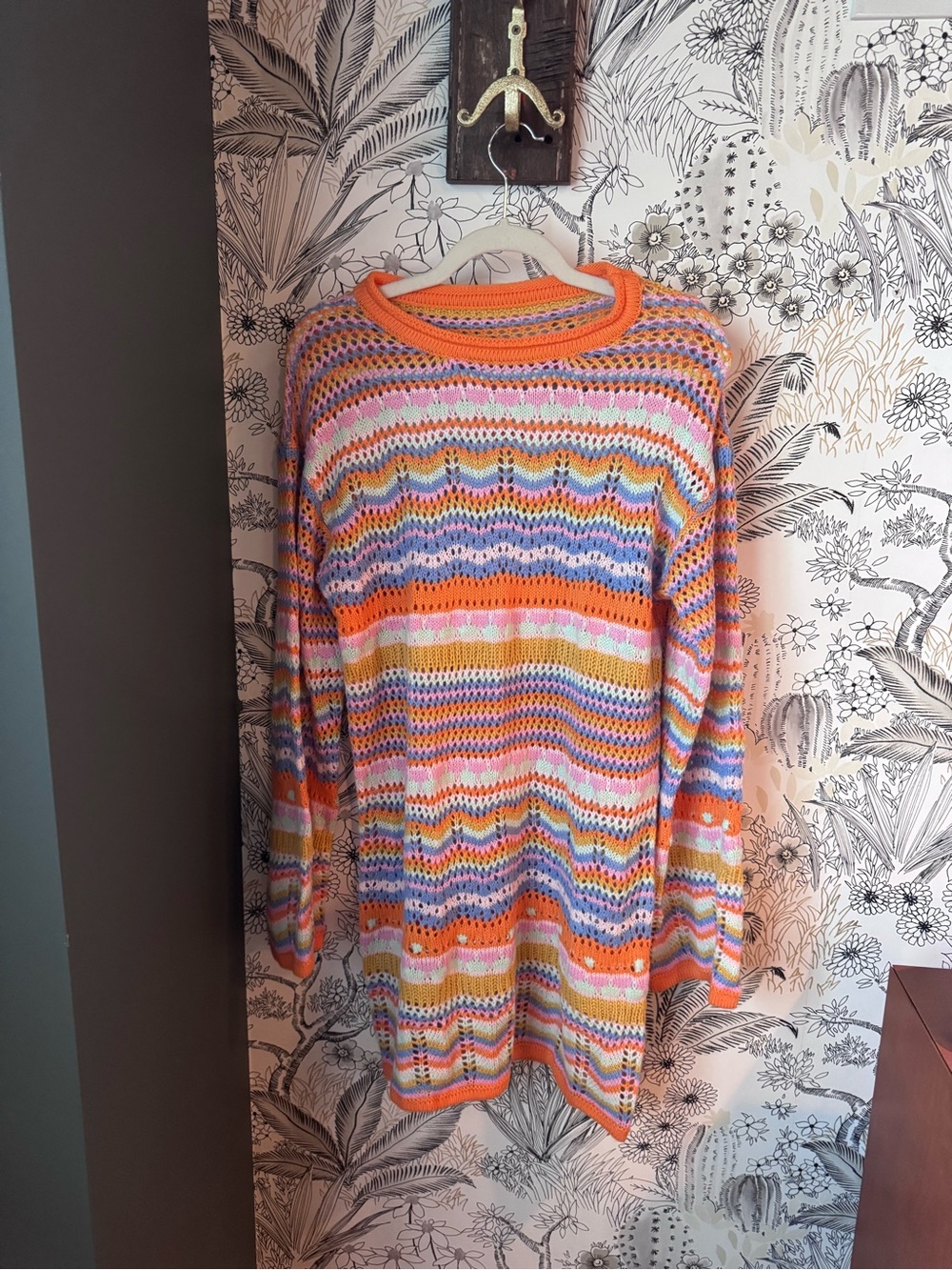 Multicolor Crochet Knit Swim Coverup with Orange Trim